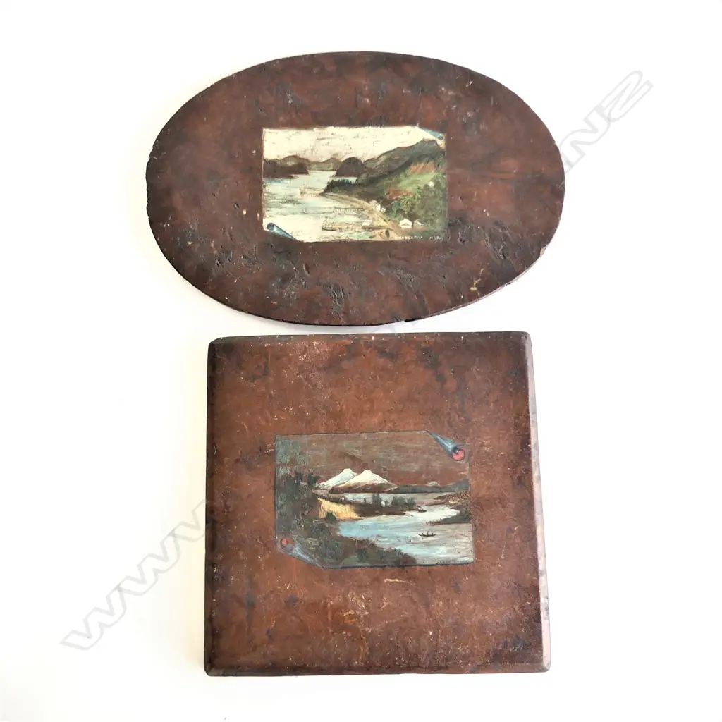 Artist unknown (in the style of J.P. Backhouse) 'Whangaroa Harbour' and Lake Taupo, miniature oils on solid totara panels, one entitled and oval, one square, each painting approx. 90 x 130mm. Image 1++